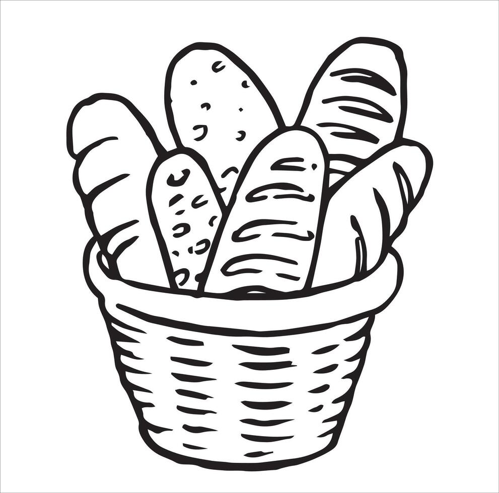 basket with bread and pastries. illustration in doodle vector