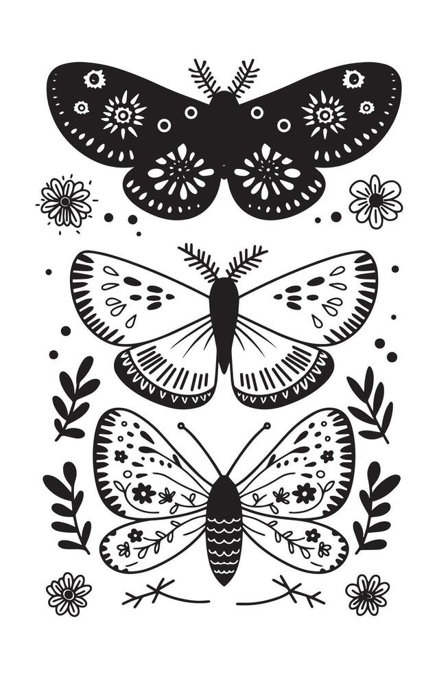 Set of mystical butterflies in boho style. Doodle illustrations. vector