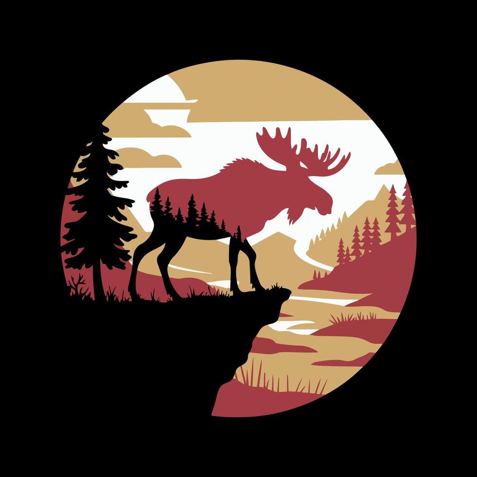 Wilderness Adventure Moose and Mountain Sunset Design vector