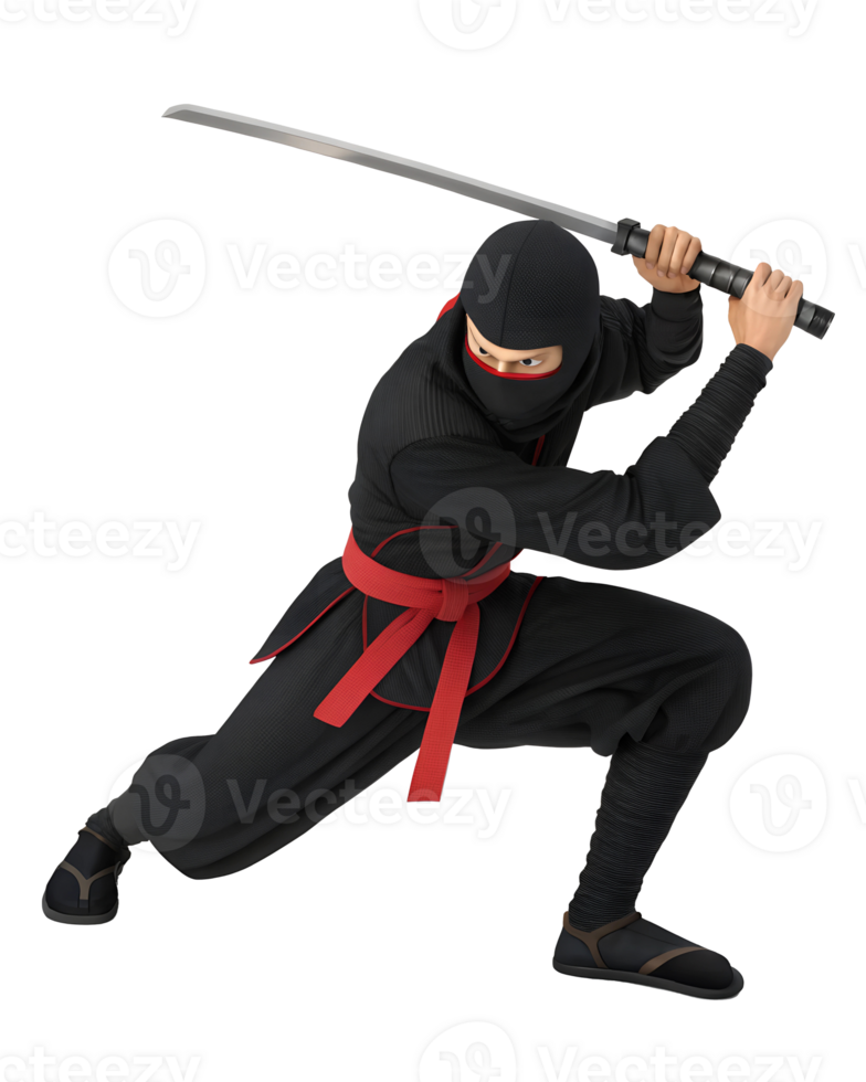 A 3D animated ninja crouching, ready to strike. isolated on a transparent background png