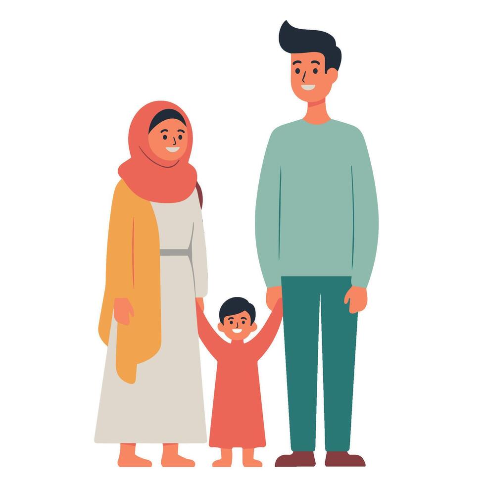 A Muslim family and cartoon shape and flat design vector