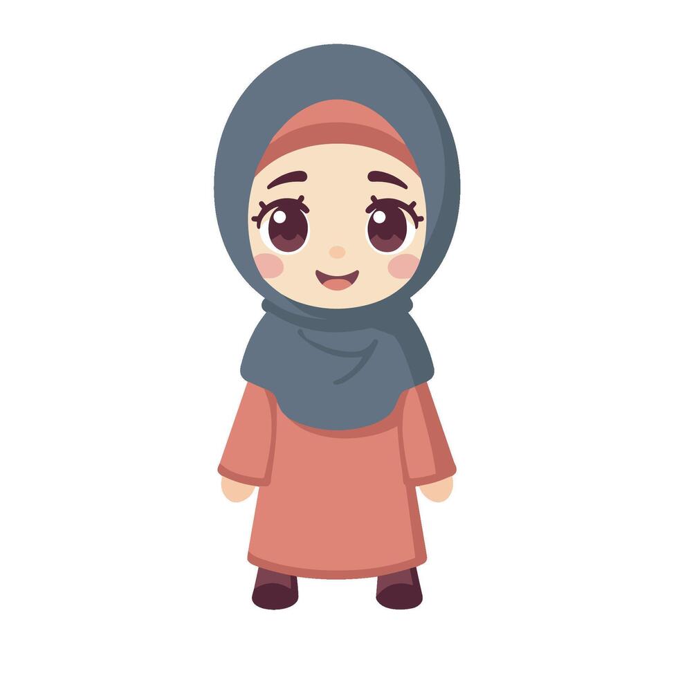 Illustration of a cartoon character of a Muslim girl wearing a pink robe with a dark blue hijab vector