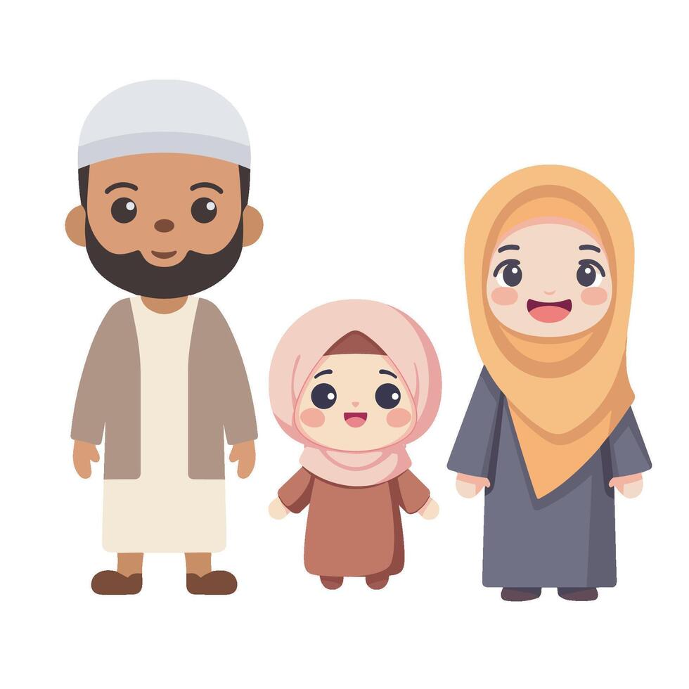 cute and funny cartoon illustration of a small Muslim family vector