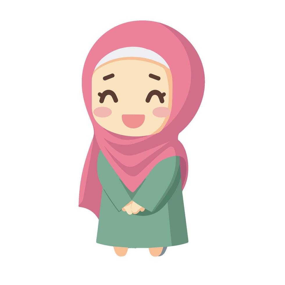 Illustration of a cartoon character of a little Muslim girl smiling cute and happy vector