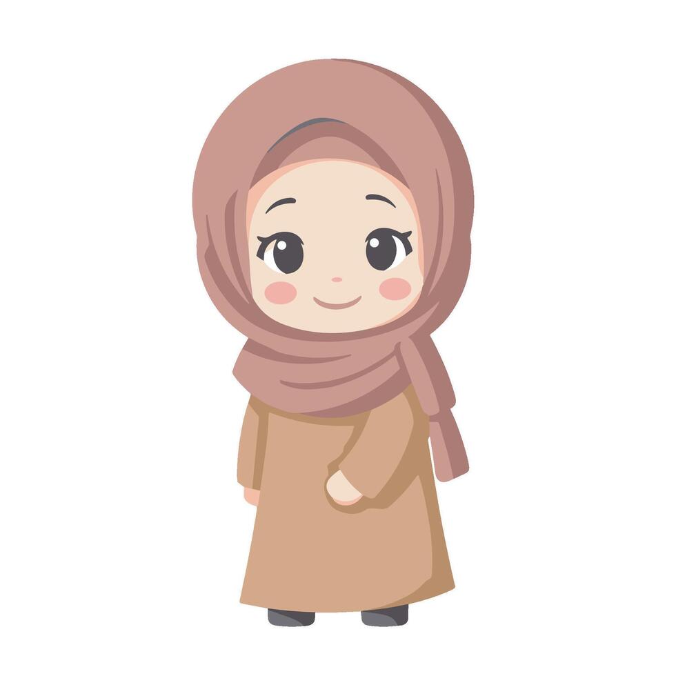 Illustration of a cartoon character of a little Muslim girl dressed in brown vector