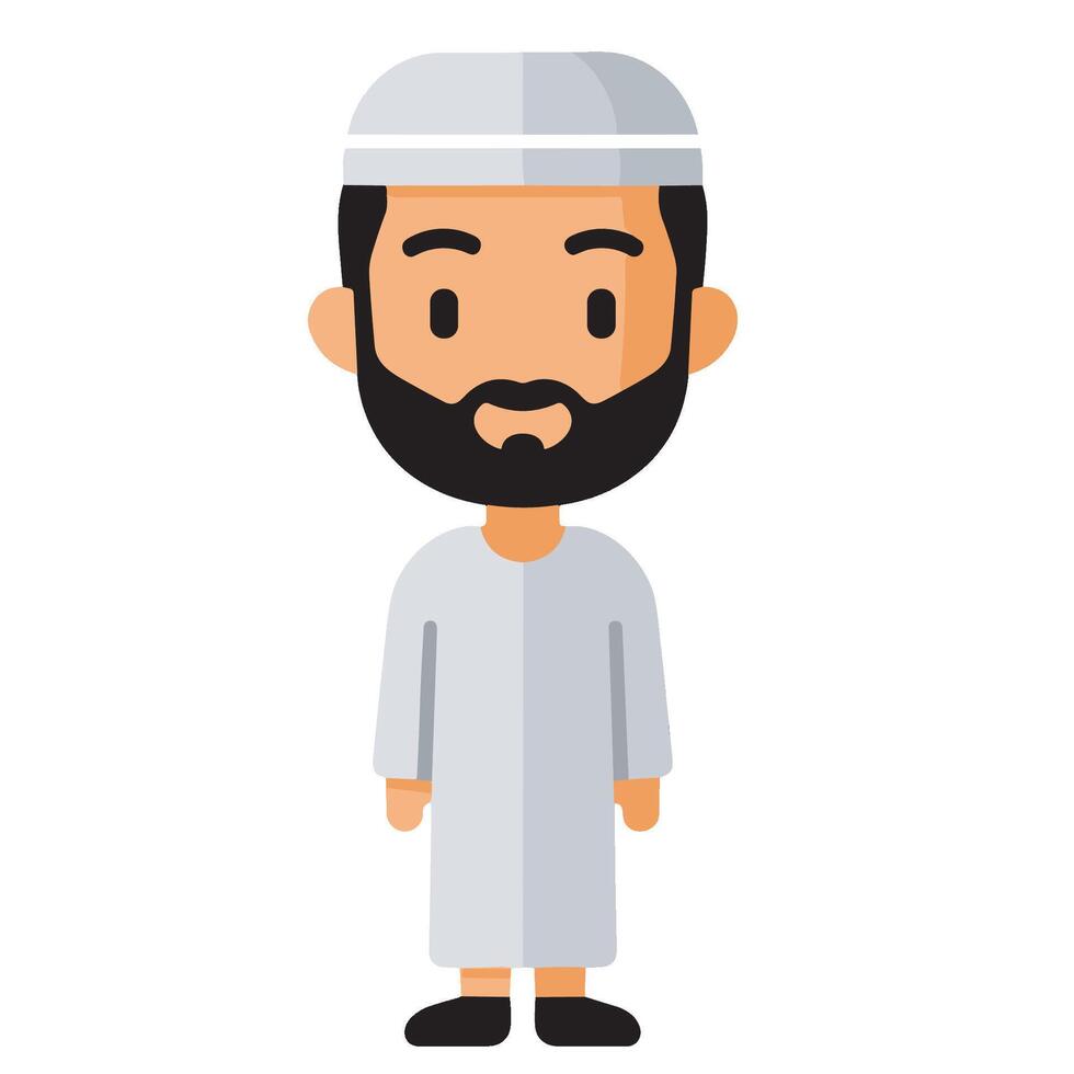 Illustration design of a cartoon character of a Muslim adult man with a beard, wearing a gray robe, wearing a white list of gray vector