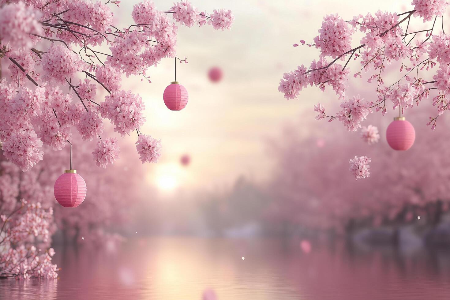 Pink lanterns dangling amid cherry blossom branches during nowruz festivity, casting soft romantic light copy space photo