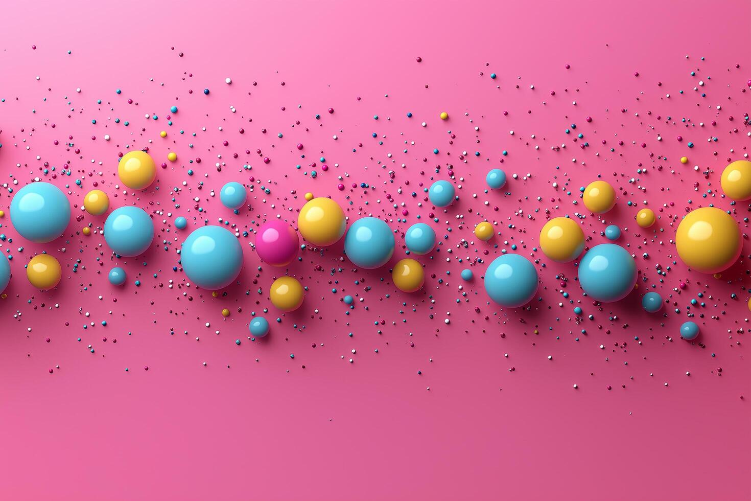 Colorful spheres and sprinkles dancing on bright pink background, creating playful celebration mood and festive atmosphere photo