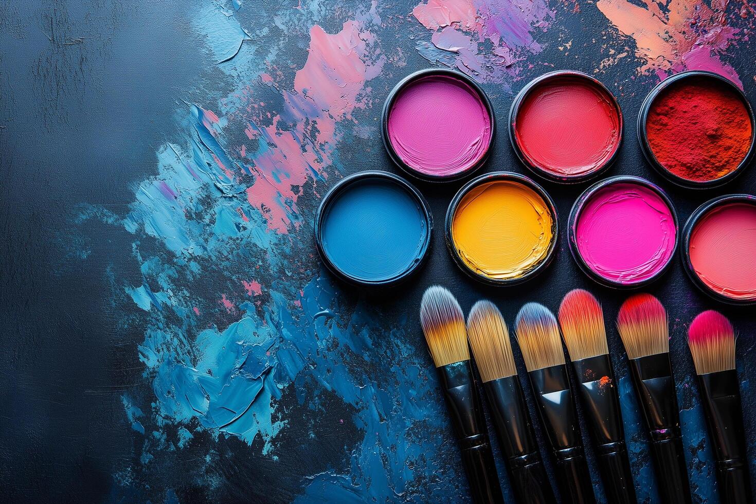 Colorful holi powder scattering near artist's brushes, highlighting festive indian color celebration against textured surface photo