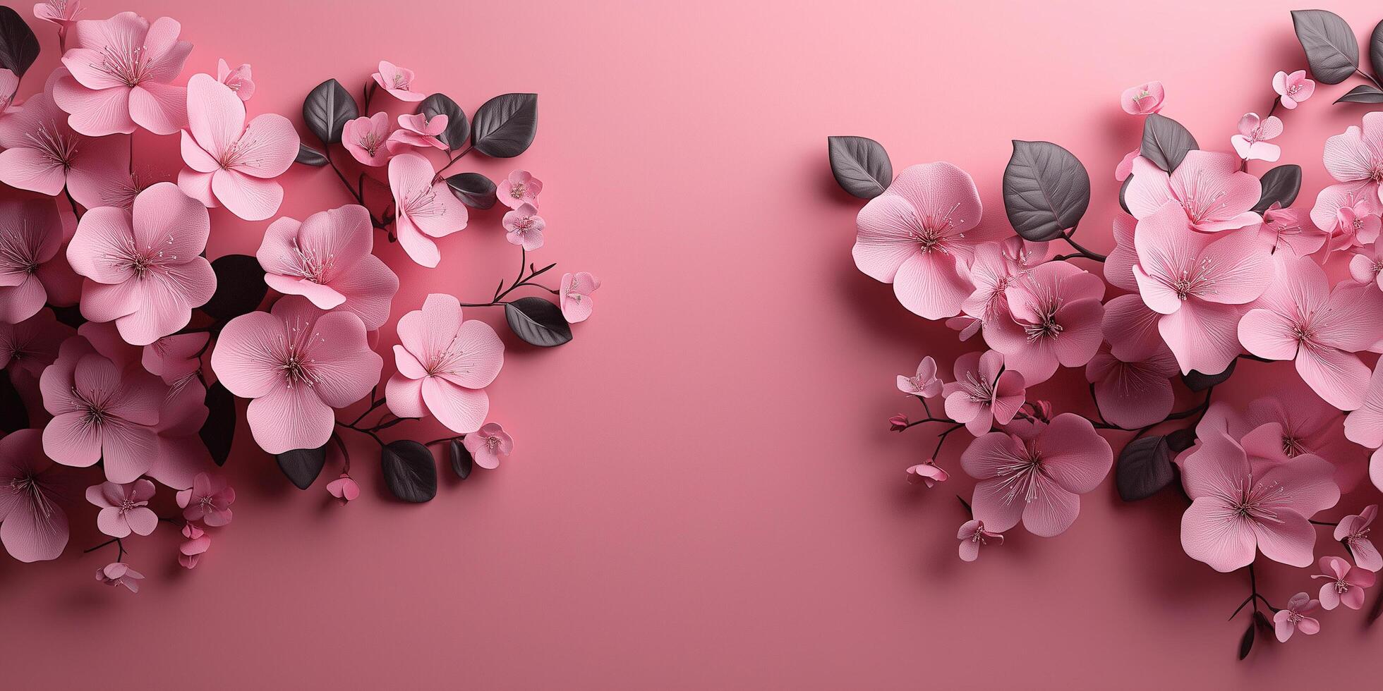 Pink blossoms nestling against deep foliage, composing minimalist floral harmony on soft pastel background, evoking delicate spring mood copy space banner photo