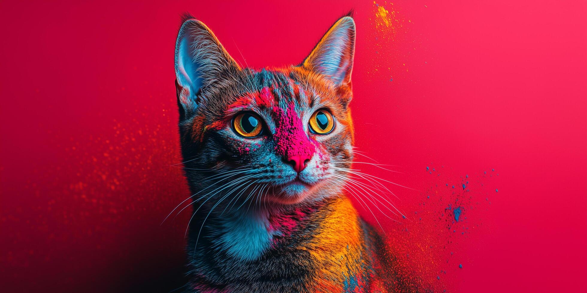 Playful feline covered in vibrant gulal powder, celebrating colorful holi festival's exuberant cultural essence against red backdrop copy space banner photo