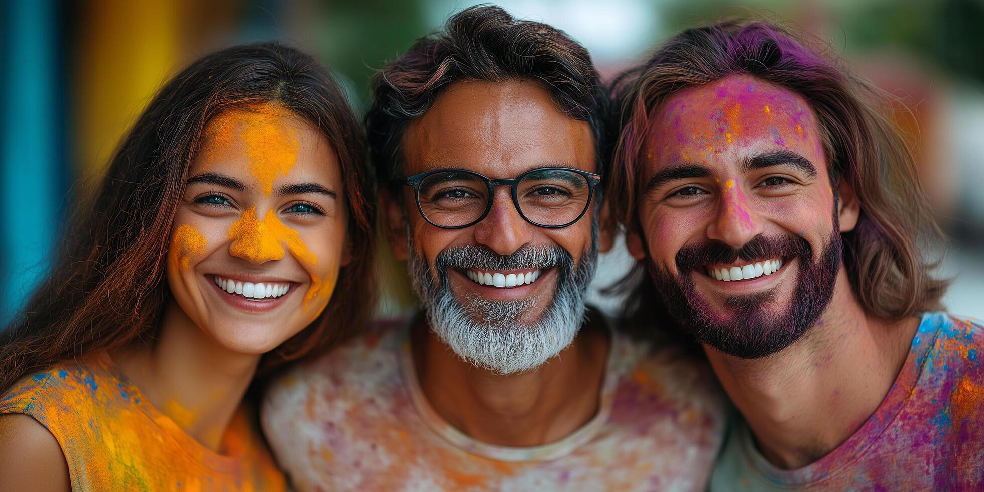 Joyful family bonding, smearing colorful gulal powder during vibrant holi festival, celebrating cultural connection and shared happiness banner photo