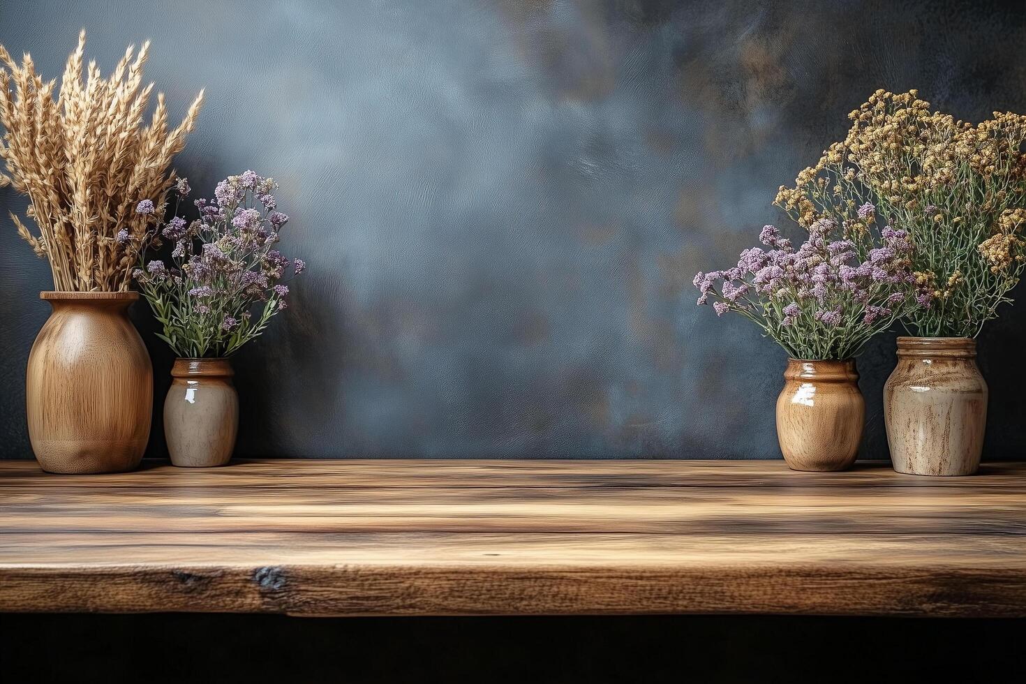 Empty wooden table displaying nowruz, the persian new year, setup with flowers and wheat in rustic vases against a textured backdrop copy space photo
