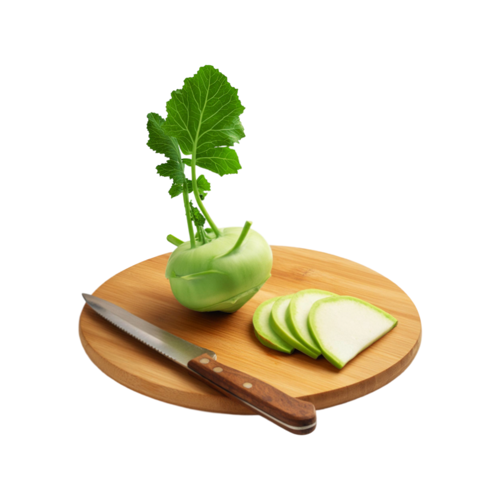 Green kohlrabi stem with wooden chopping board on transparent background png
