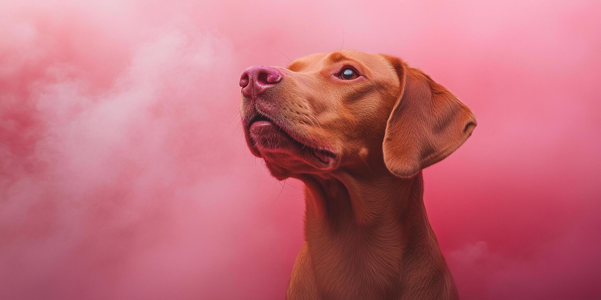 Dog gazes upward amidst a cloud of pink gulal powder, capturing the essence of holi's colorful and joyful celebrations copy space banner photo