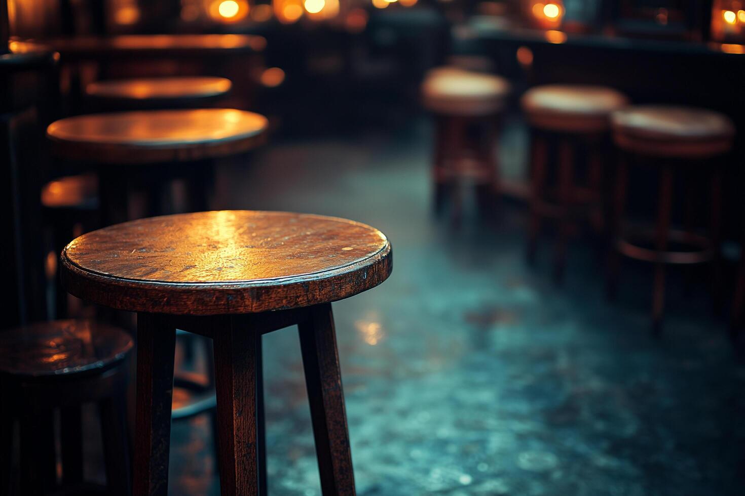 Warm glowing lights casting soft shadows on vintage wooden stools, traditional irish pub interior with welcoming ambiance photo