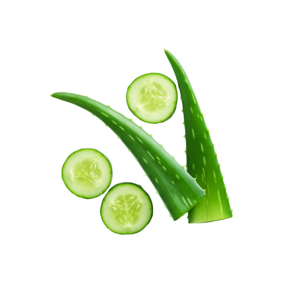 Aloe vera leaf with fresh cucumber slices on transparent background png