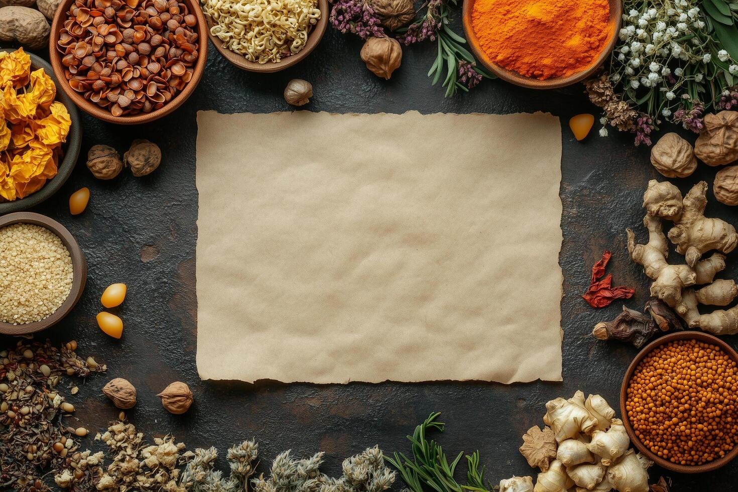 Parchment paper surrounded by spices, nuts, herbs, and flowers, creating a nowruz themed backdrop for persian new year storytelling and poetry copy space photo