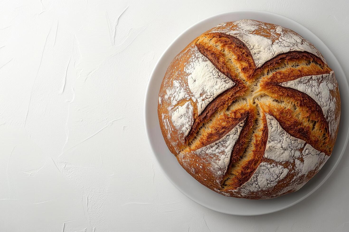 Fresh soda bread loaf sitting on white ceramic plate, representing traditional irish culinary culture and heritage photo