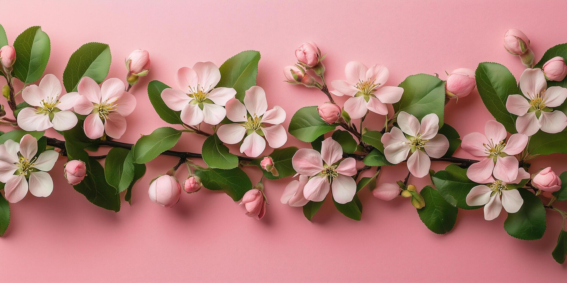 Delicate pink white blossoms spreading over verdant leaves, resting against pastel pink backdrop highlighting seasonal springtime softness banner photo