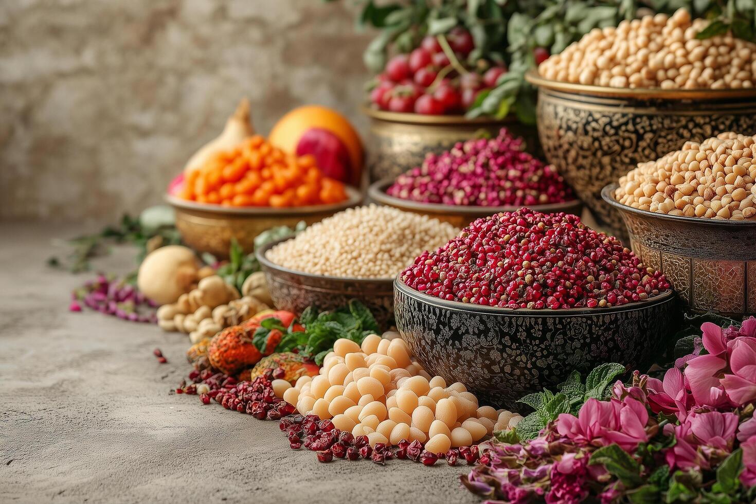 Colorful display of symbolic foods and decorations for nowruz, persian new year, celebrating spring and renewal photo