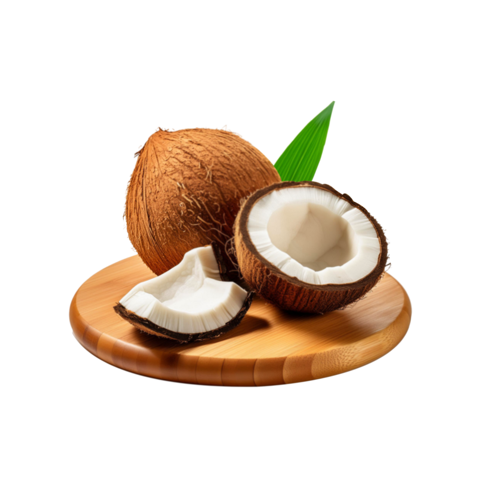 Whole and sliced coconut fruit with wooden chopping board on transparent background png
