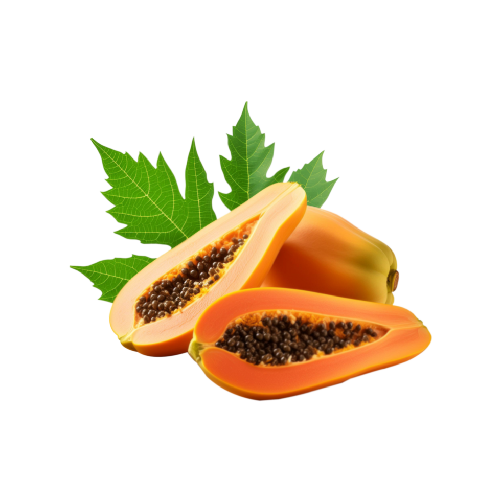 Ripe papaya with slices on transparent background png