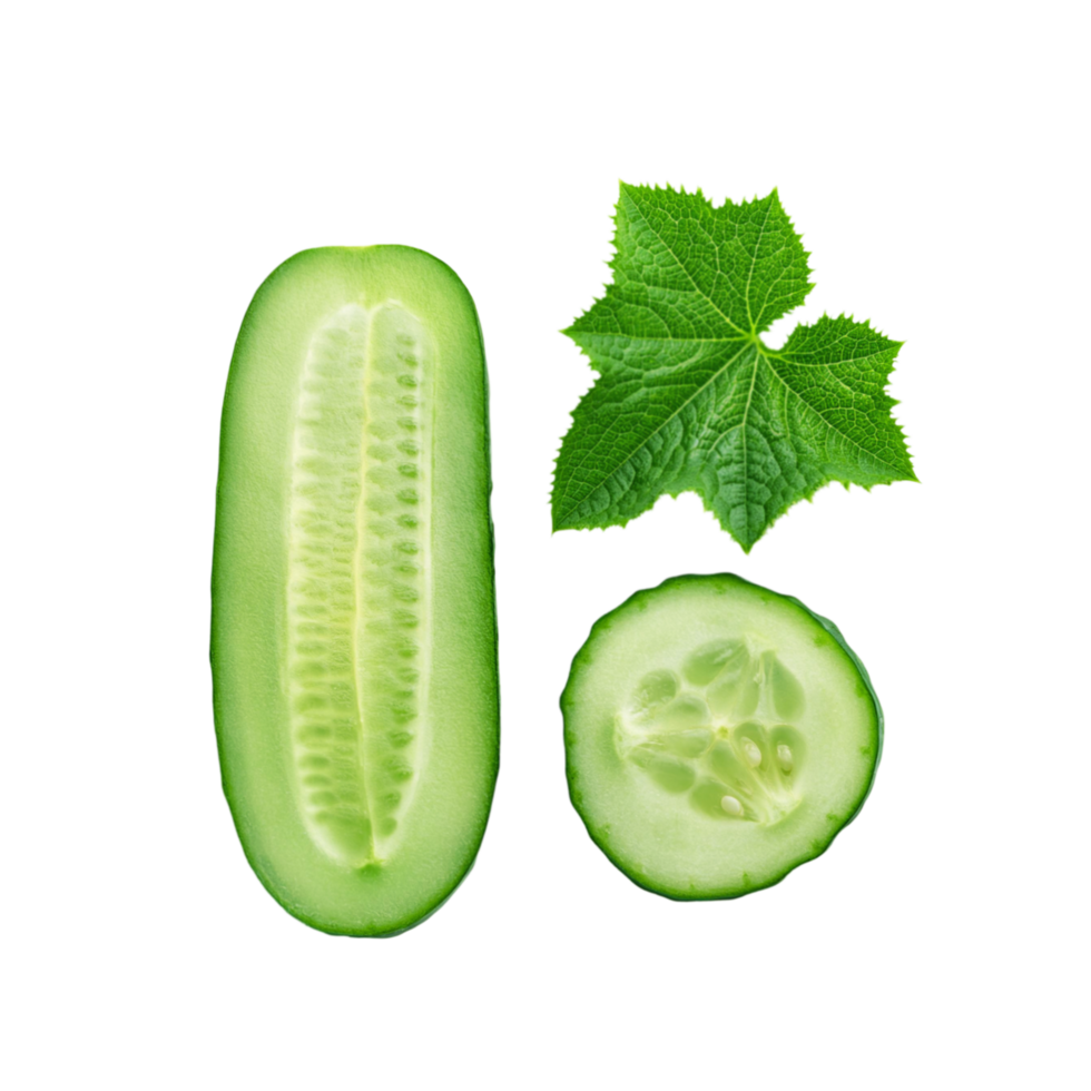 Half sliced cucumber with green leaf isolated on transparent background png