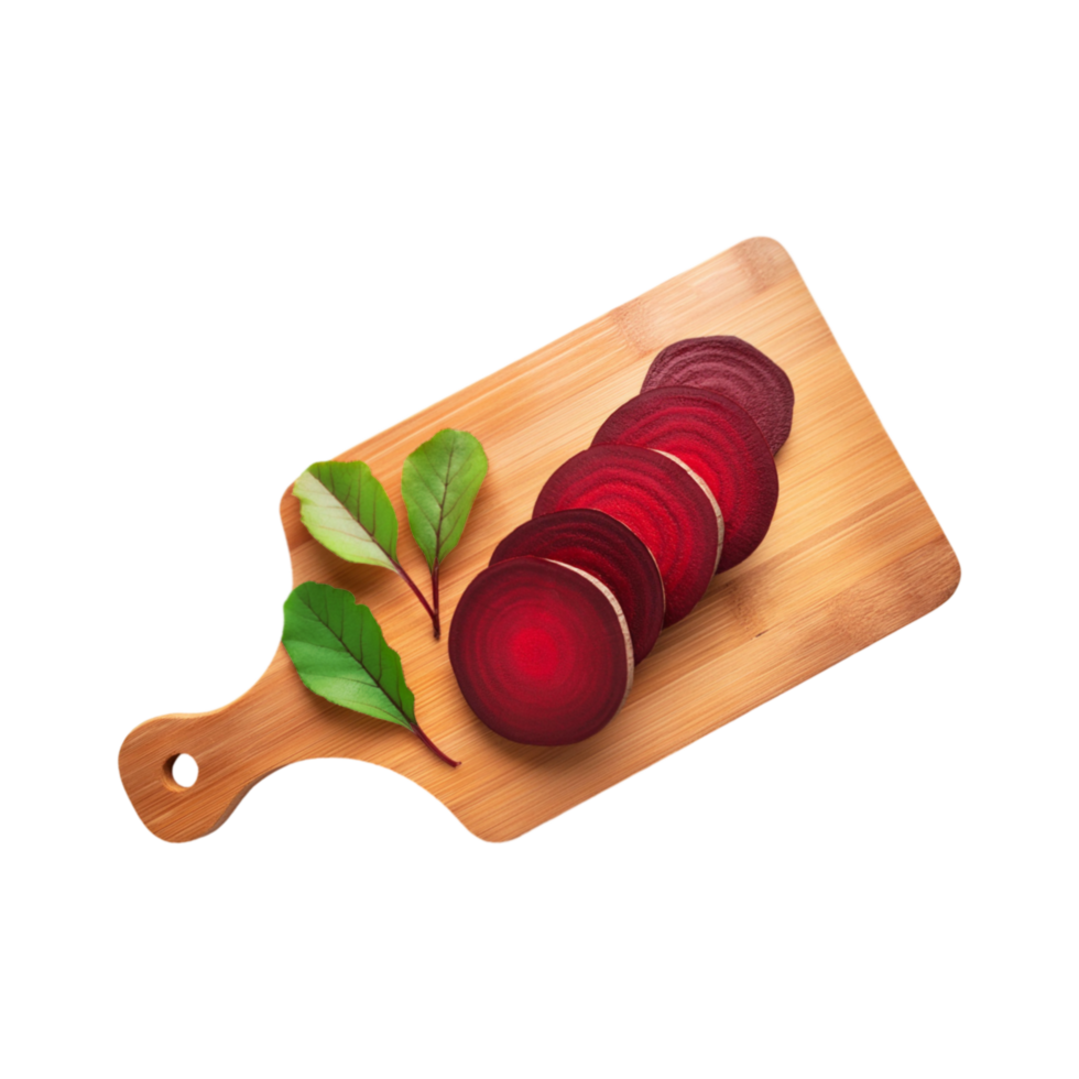 Top view of sliced beetroot vegetable in a chopping board on transparent background png