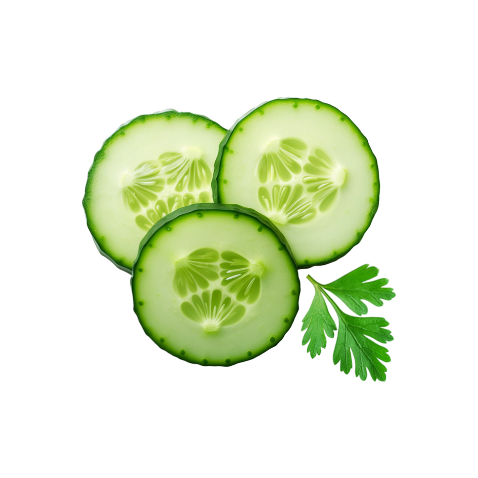 Sliced green cucumber vegetable with green coriander leaf isolated on transparent background png