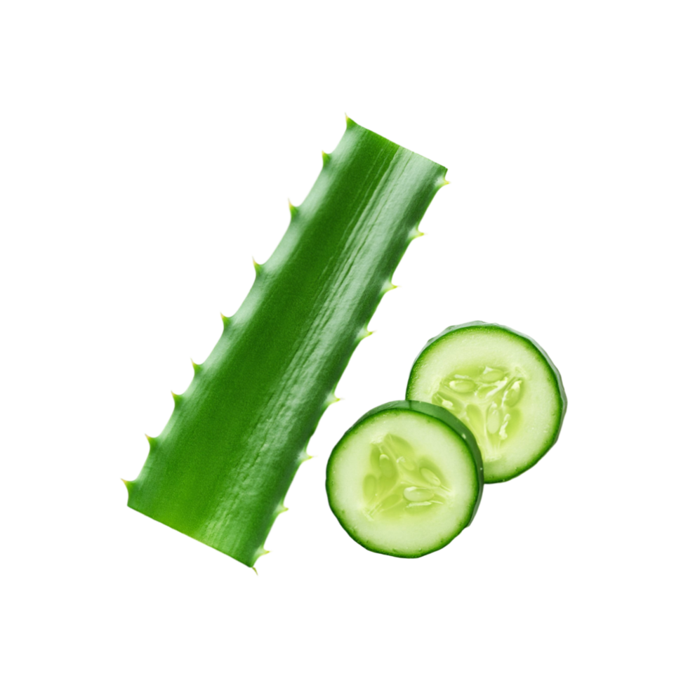 Fresh aloe vera leaf with cucumber slices on transparent background png