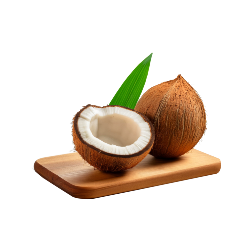 Whole and sliced coconut fruit with chopping board on transparent background png