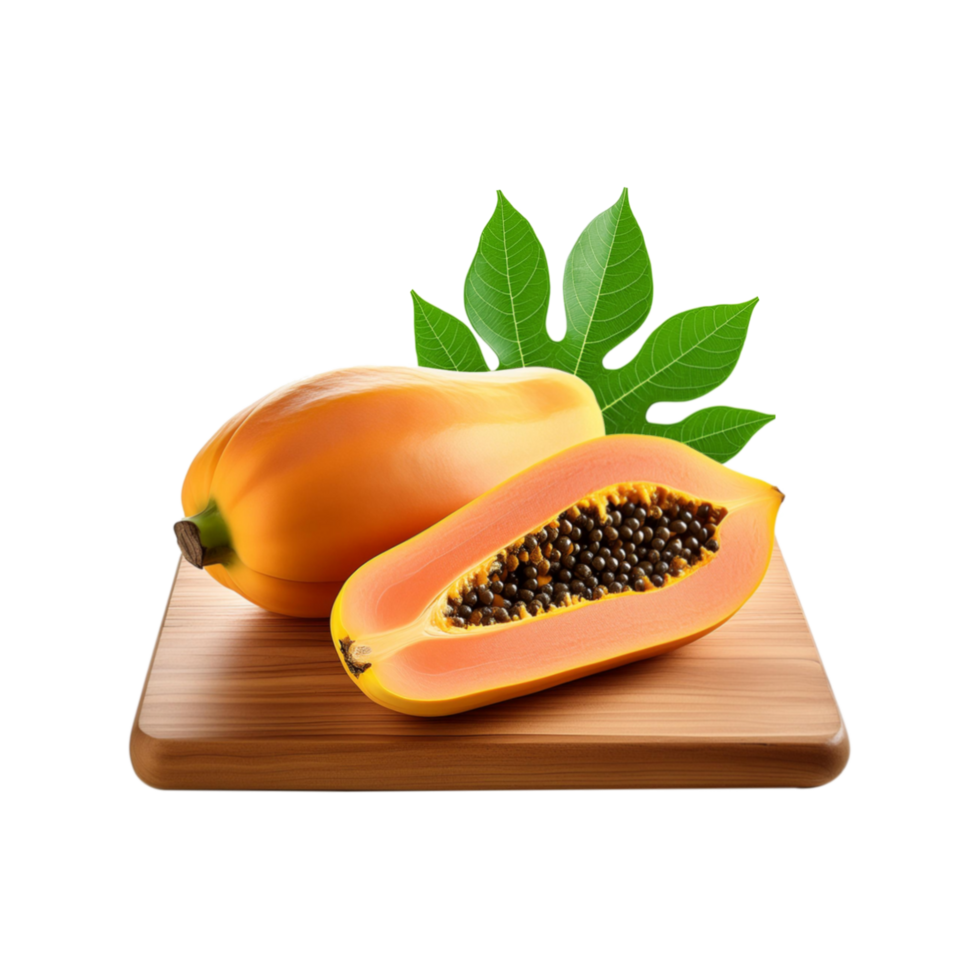 Papaya fruit with leaf in a wooden chopping board on transparent background png