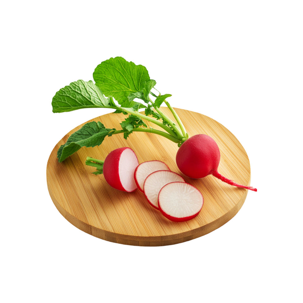 Red radish vegetable with wooden chopping board on transparent background png