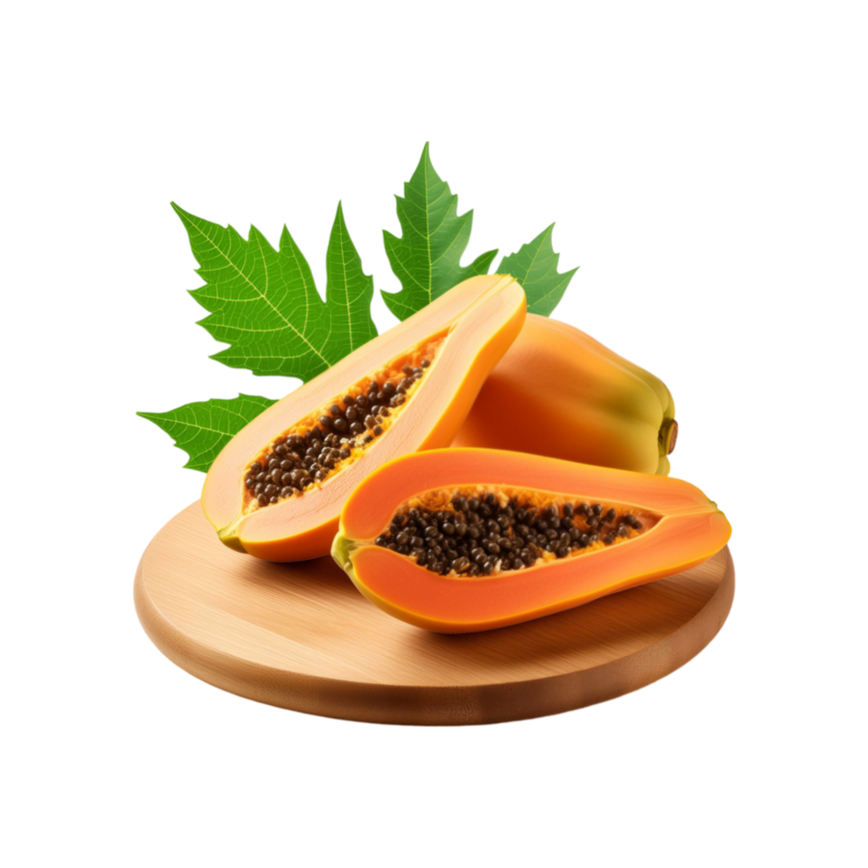Ripe papaya with chopping board on transparent background png