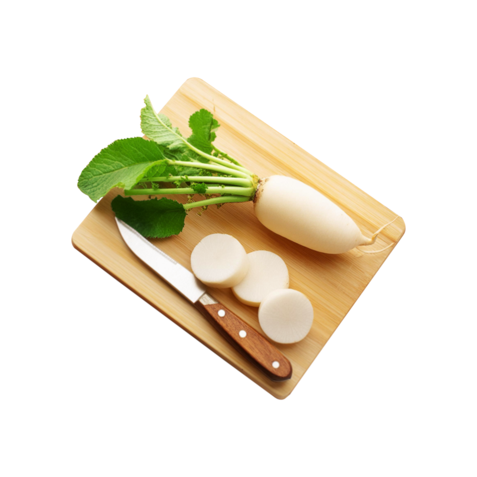 White radish with chopping board and knife on transparent background png