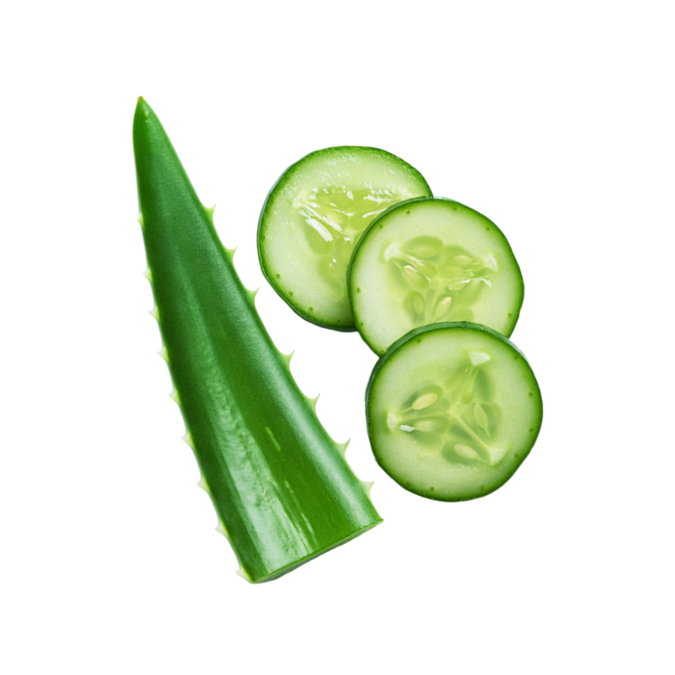 Aloe vera leaf with green cucumber slices on transparent background png