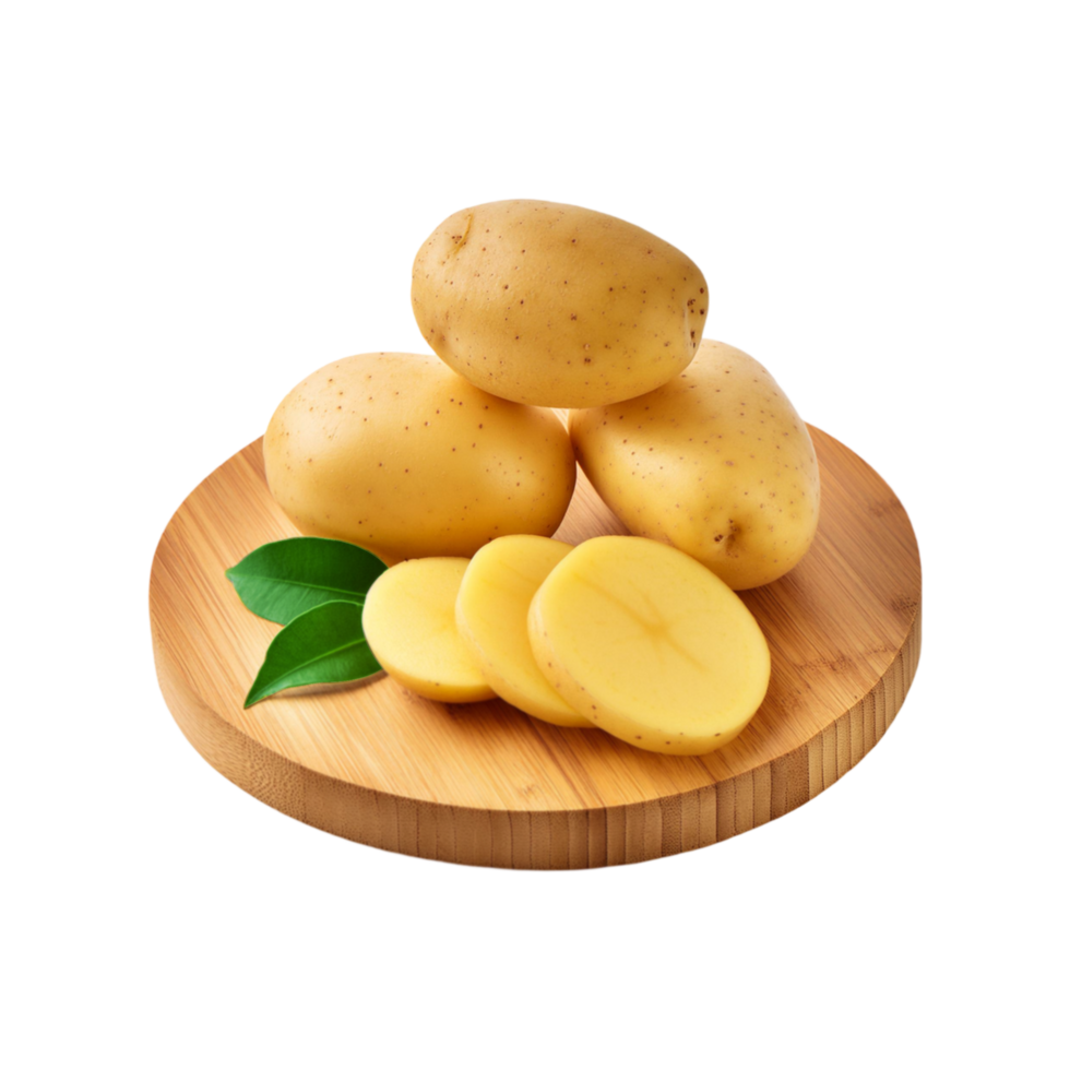 Potato with leaf in a wooden chopping board on transparent background png