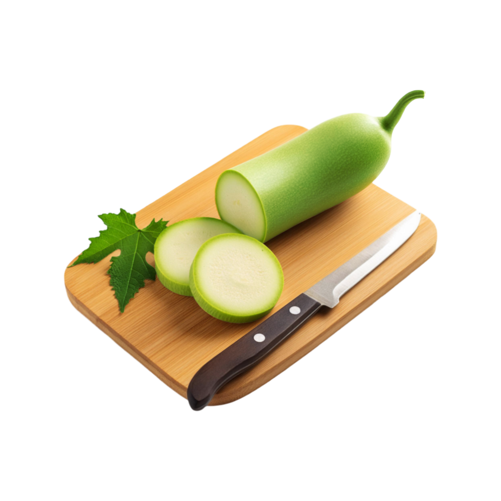 Bottle gourd vegetable with wooden chopping board on transparent background png