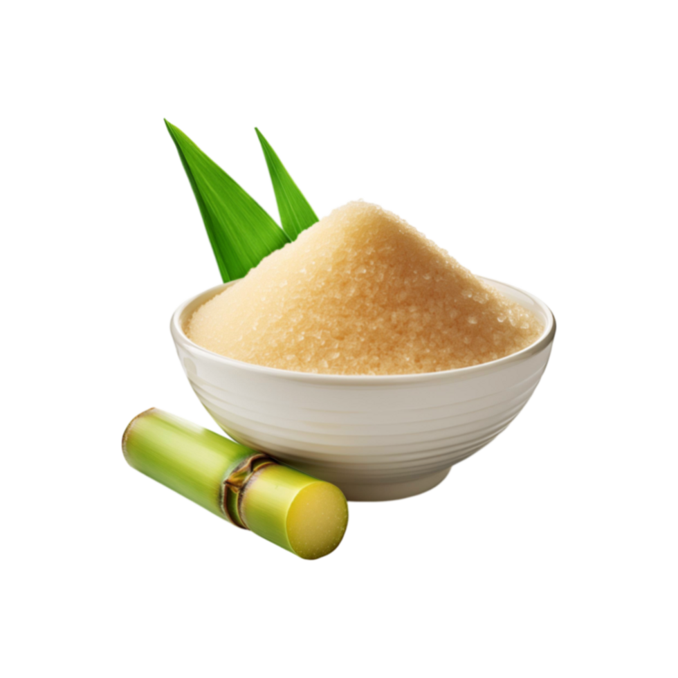 White bowl of sugar with sugarcane slice and leaf isolated on transparent background png