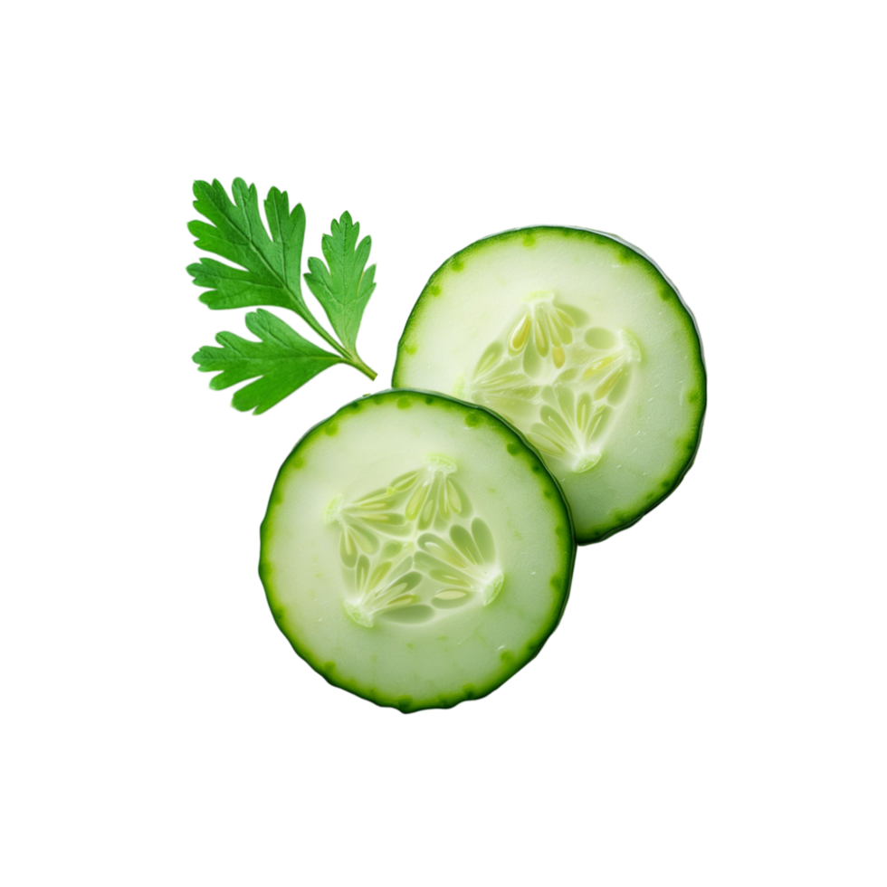 Sliced cucumber vegetable with coriander leaf isolated on transparent background png