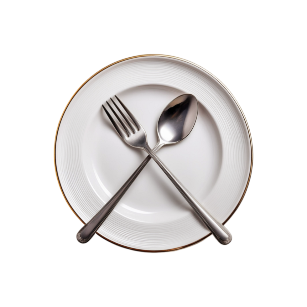 White ceramic plate with spoon and fork isolated on transparent background png