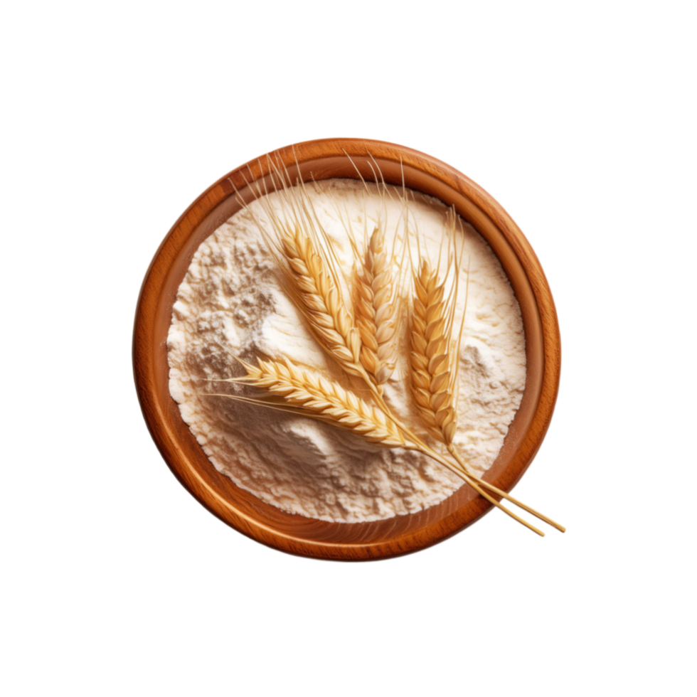 Wooden bowl of wheat flour with wheat branch isolated on transparent background png