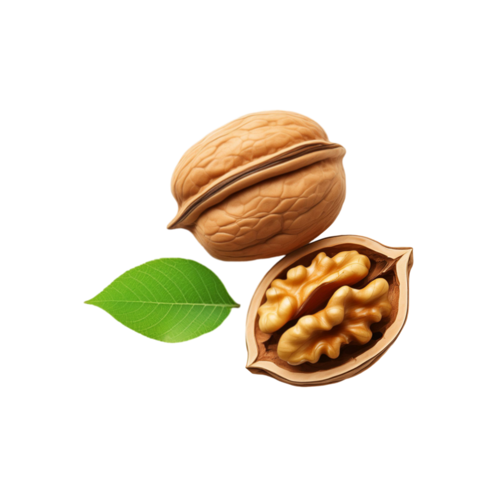 Fresh whole and sliced walnut with leaf isolated on transparent background png