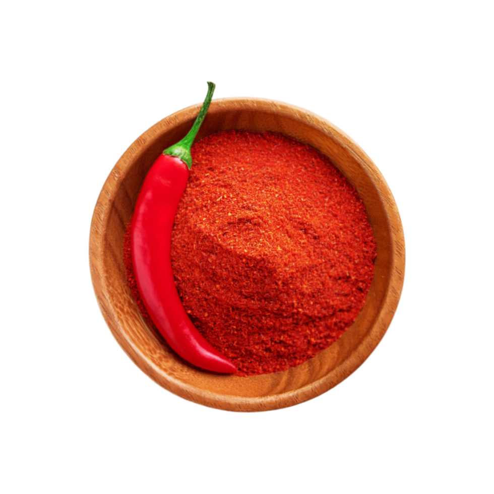 Top view of red chili powder wooden bowl on transparent background png