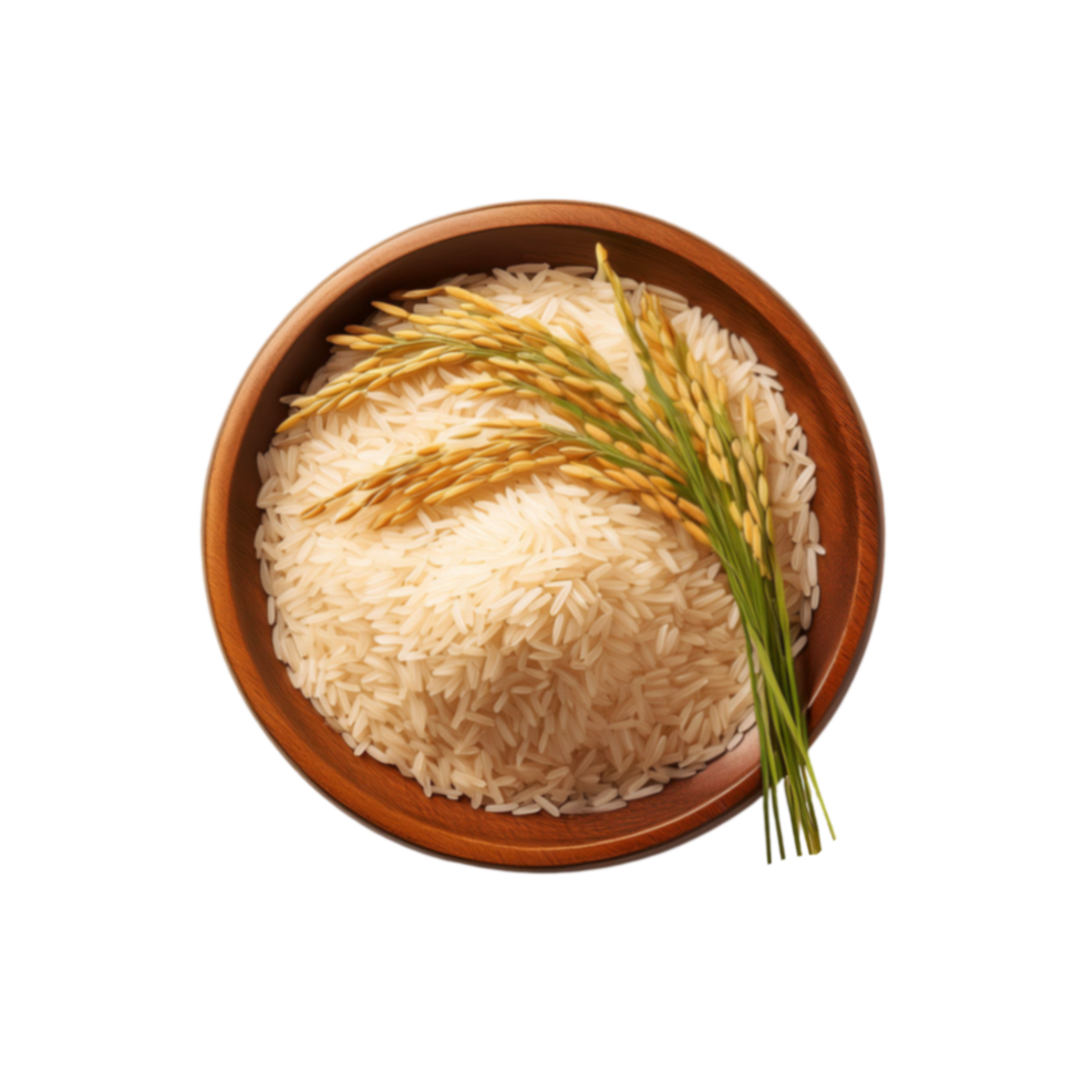 Wooden bowl of rice with rice bunch isolated on transparent background png