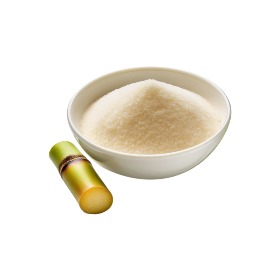 White bowl of sugar with sugarcane slice isolated on transparent background png