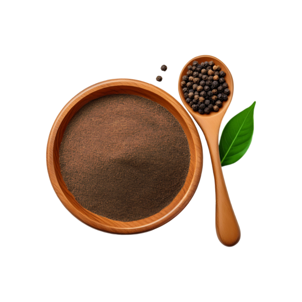 Top view of fresh black pepper powder wooden bowl and spoon on transparent background png