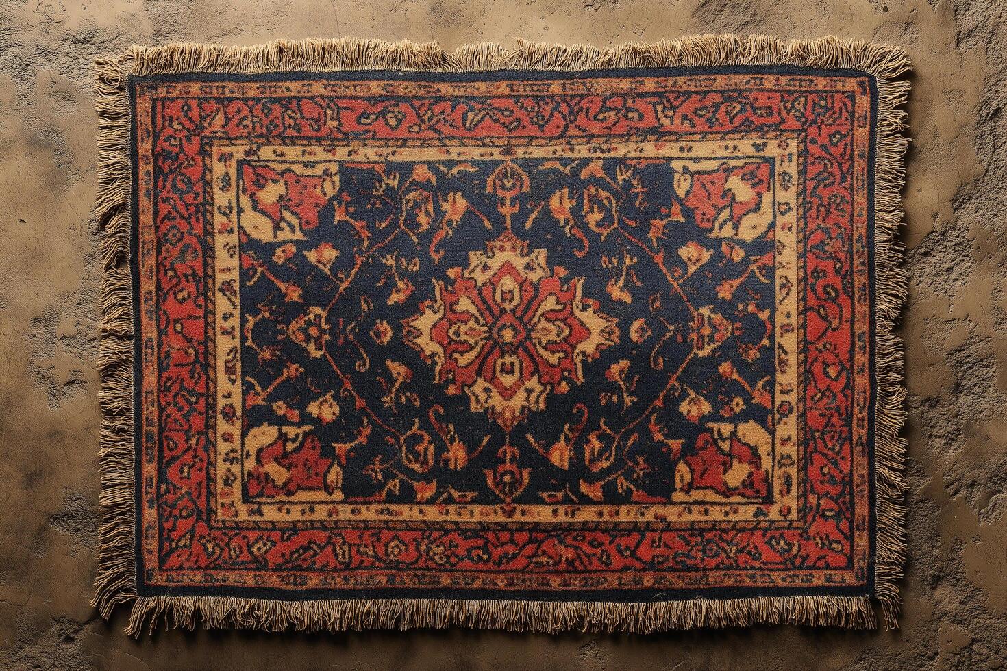 Persian carpet featuring delicate ornamental patterns, fringe edged, symbolizing nowruz festivity, resting on textured surface photo