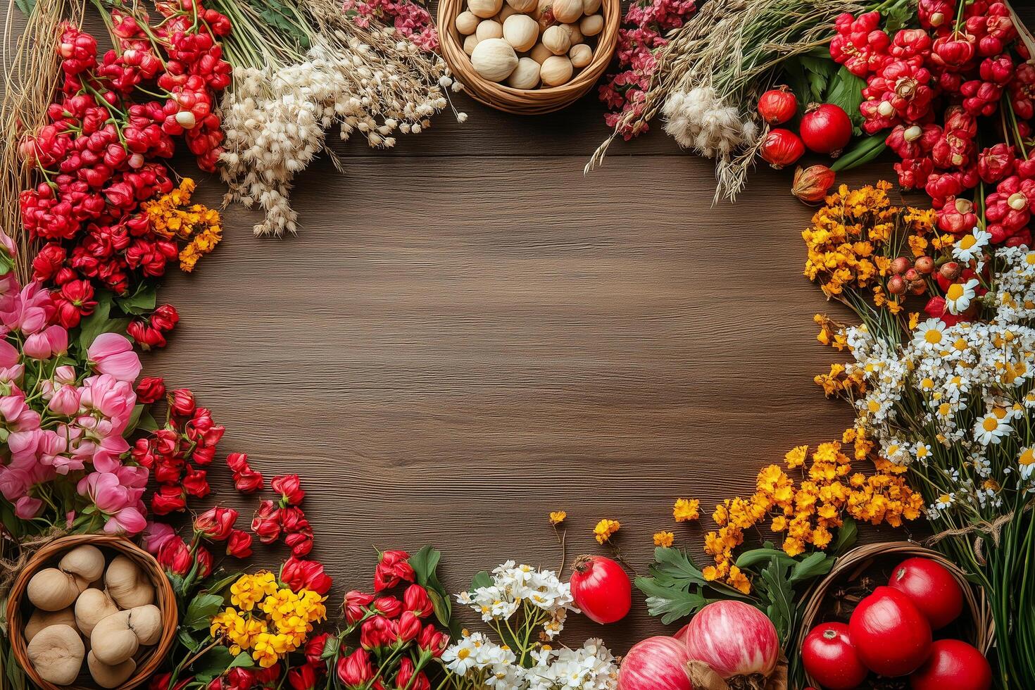 Colorful flowers, fruits, and nuts forming a frame on a wooden background, celebrating the persian new year, nowruz, with copy space photo